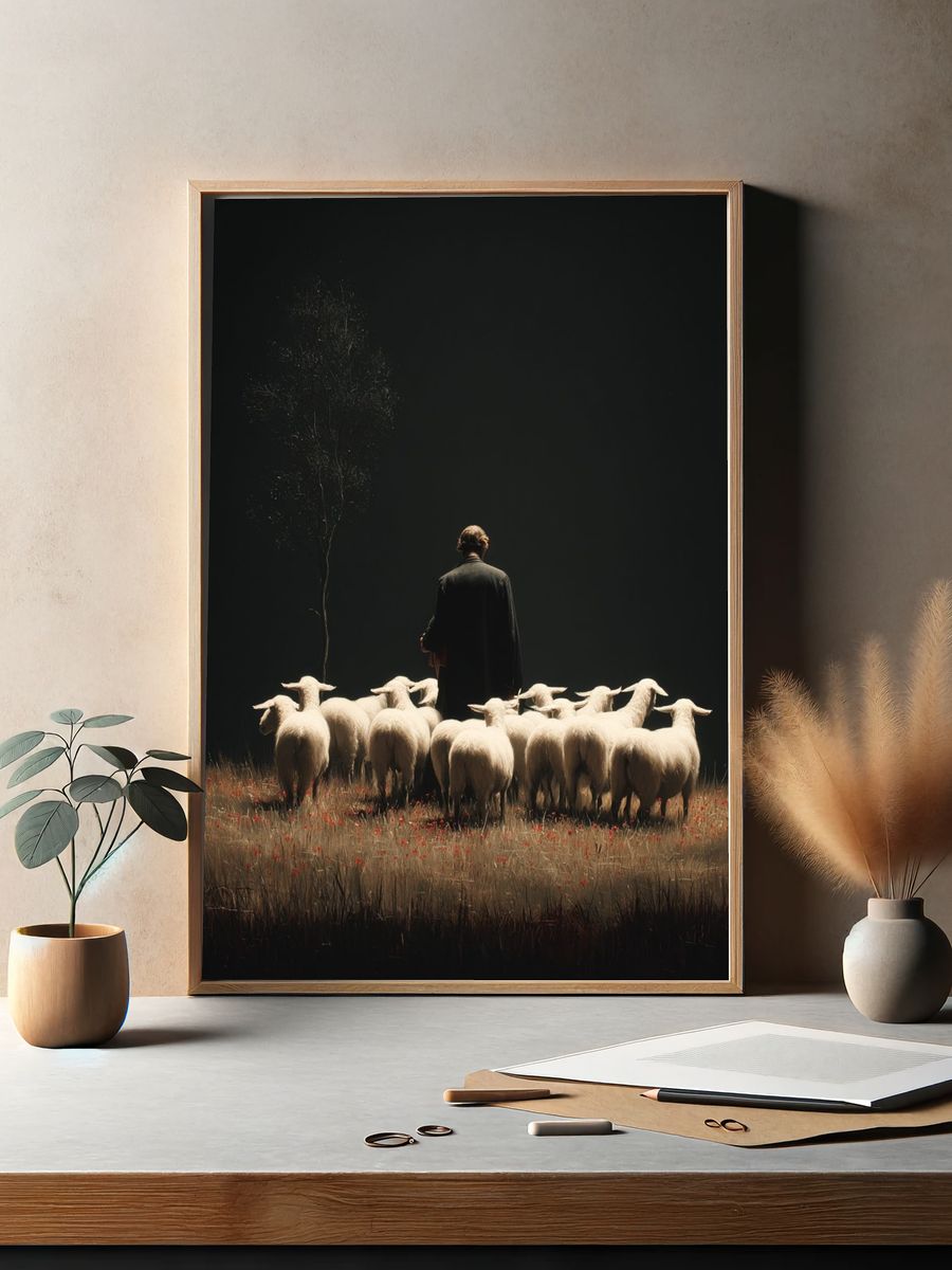 Shepherd and Sheep Surrealism Print. — room view 2