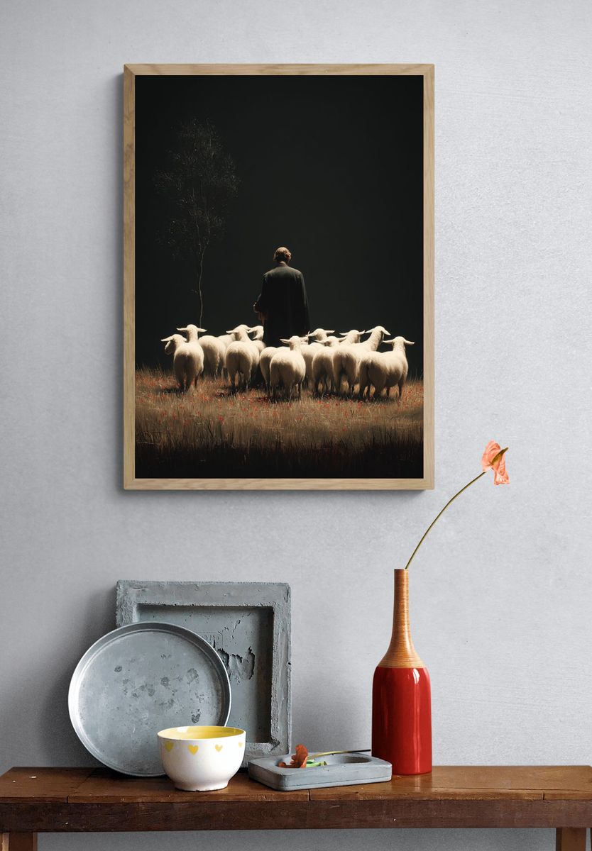 Shepherd and Sheep Surrealism Print. — room view 3