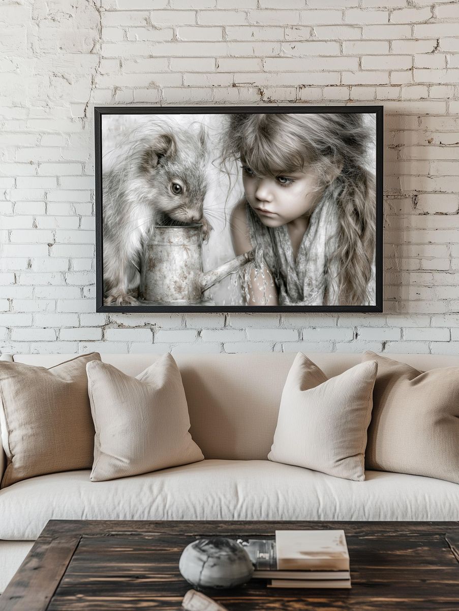 Girl and Rabbit Surreal Print. room preview