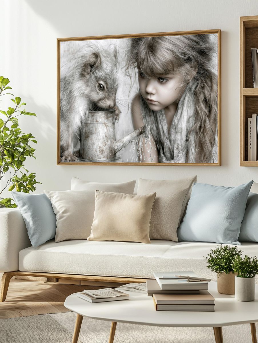 Girl and Rabbit Surreal Print. — room view 2