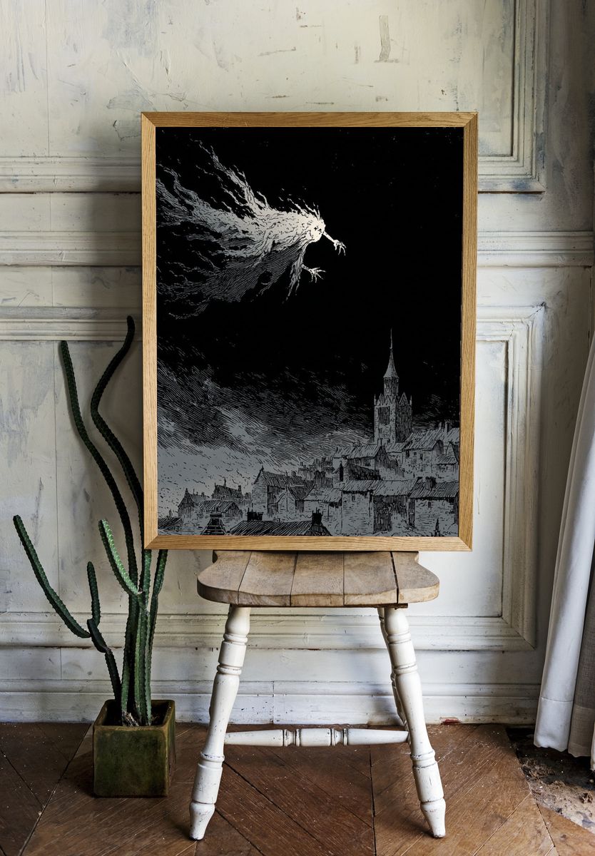 Surreal Night Village Print. room preview