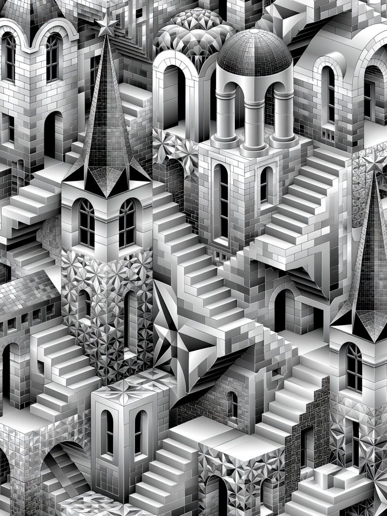Monochrome Escher Cityscape Print. poster detail