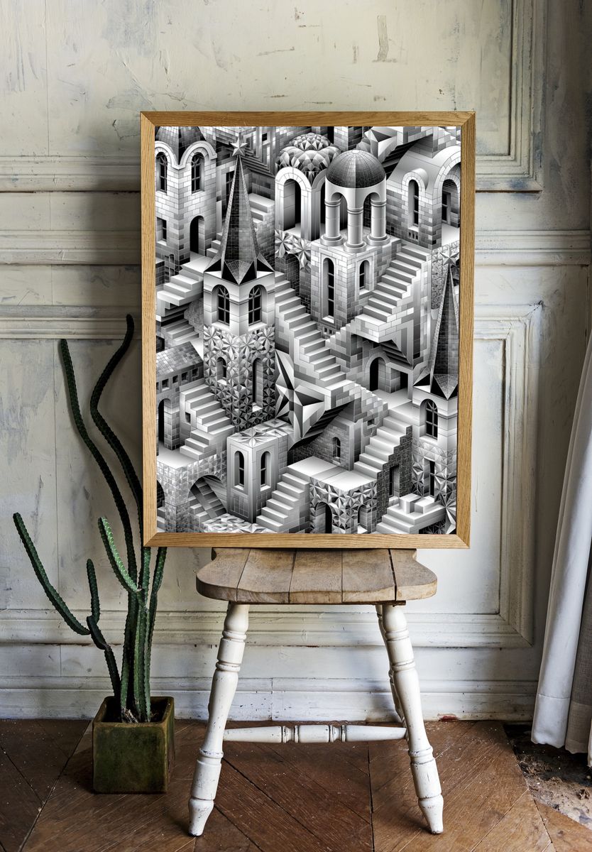 Monochrome Escher Cityscape Print. room preview