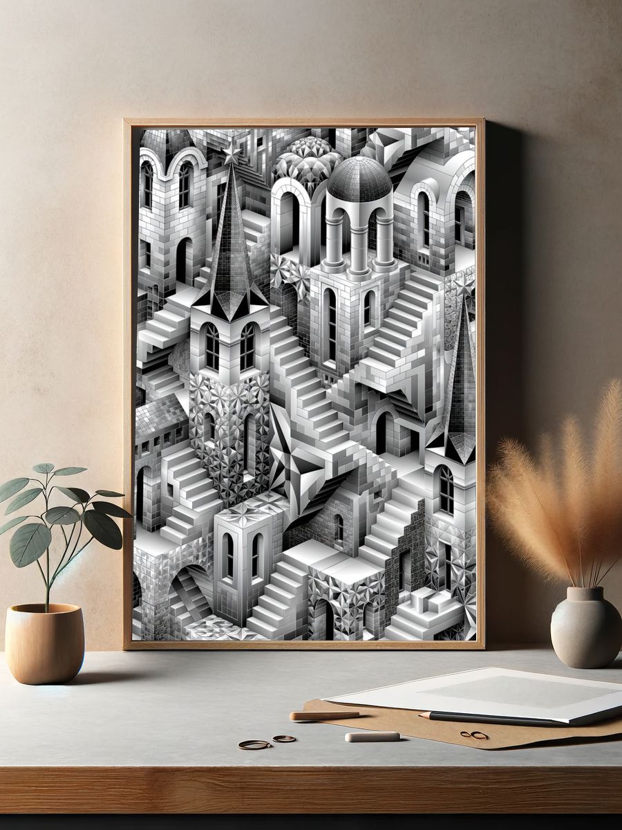 Monochrome Escher Cityscape Print. — room view 2