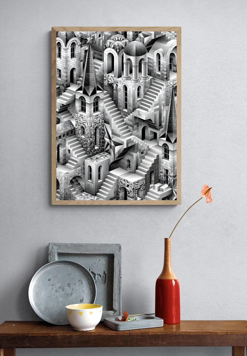 Monochrome Escher Cityscape Print. — room view 3