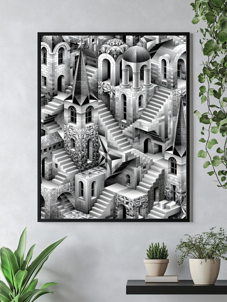 Monochrome Escher Cityscape Print. — room view 4