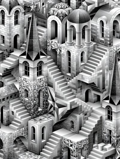 Monochrome Escher Cityscape Print.