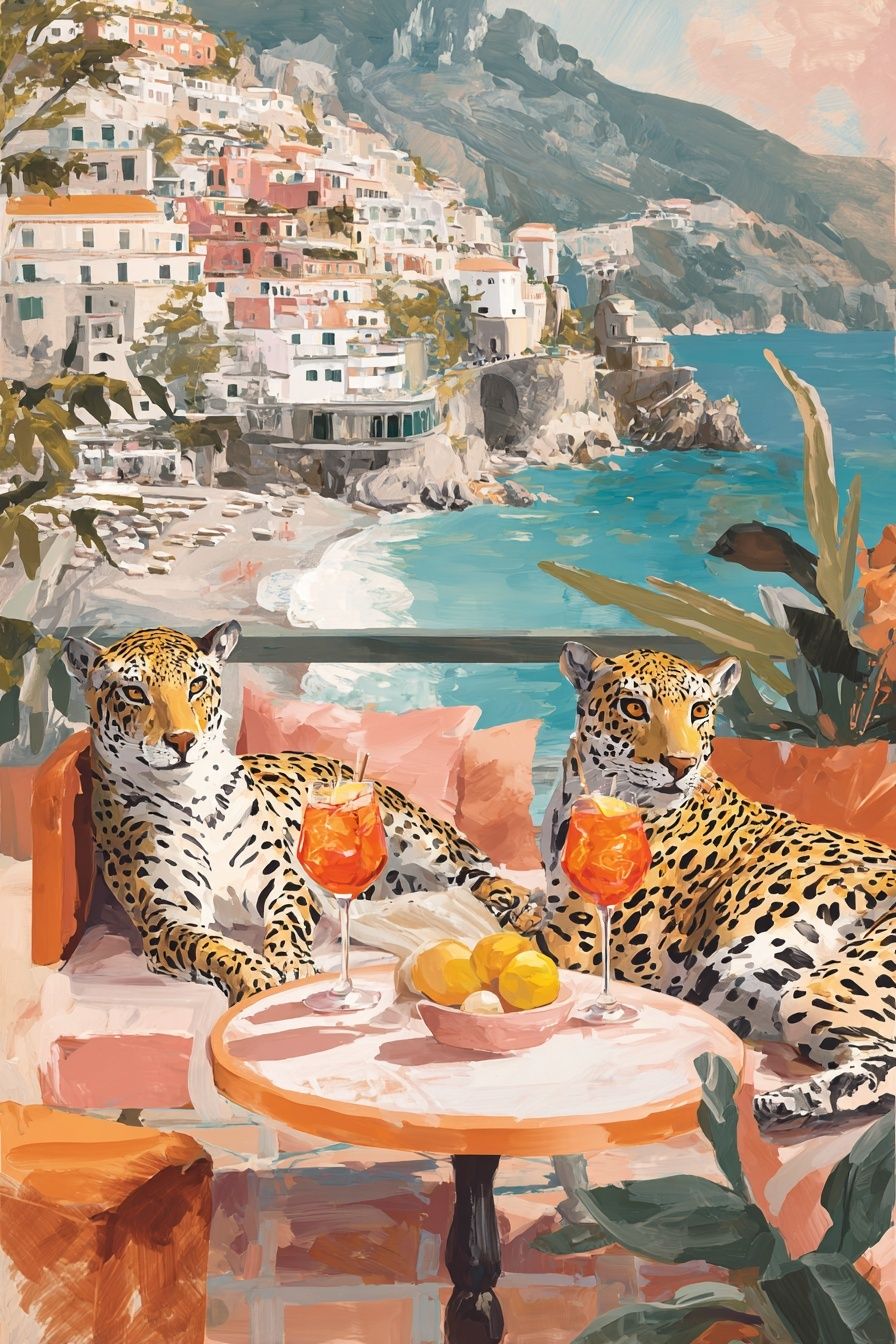 Amalfi Leopards Coastal Surrealism Print. poster — fine-art art