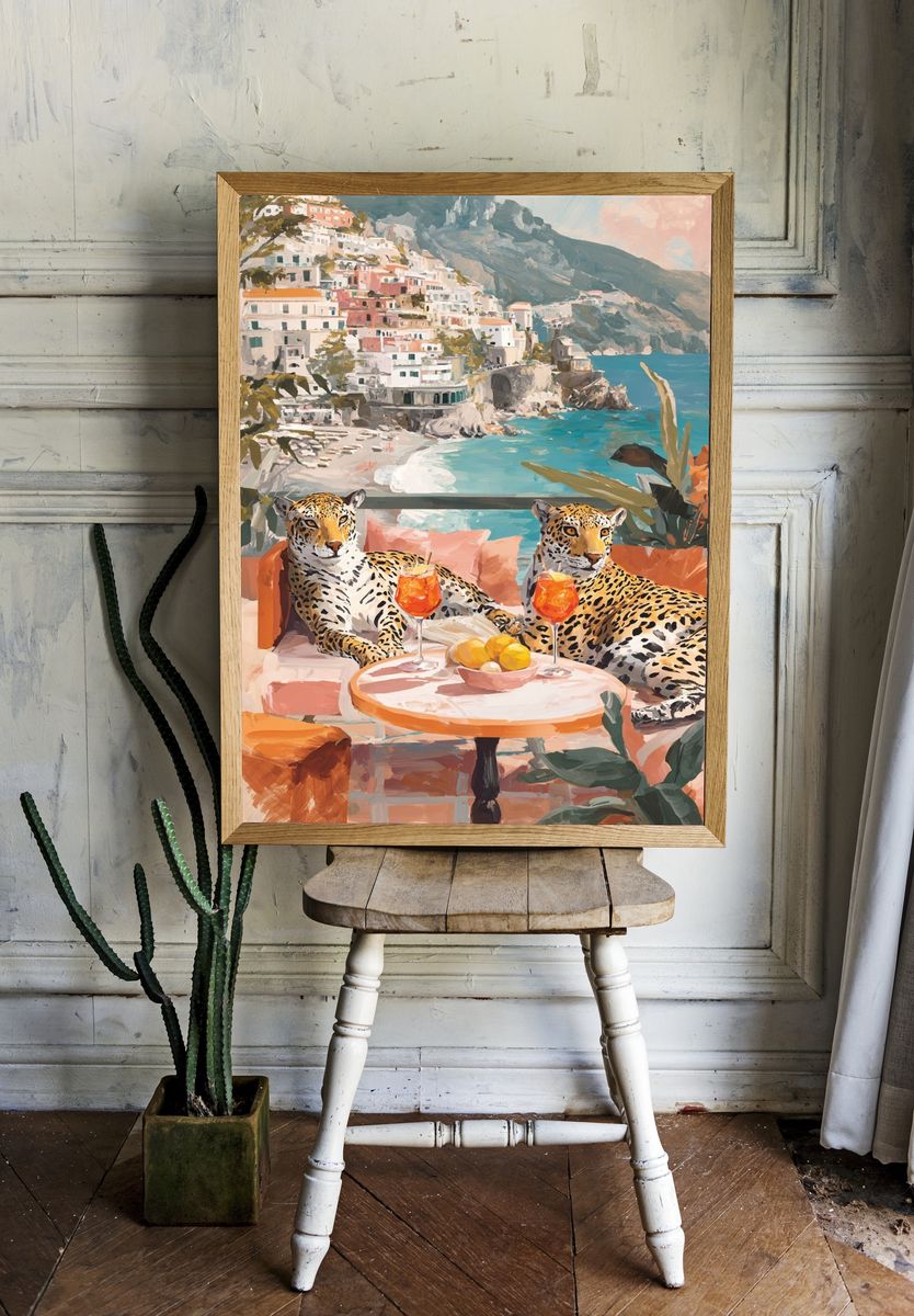 Amalfi Leopards Coastal Surrealism Print. — room view 1