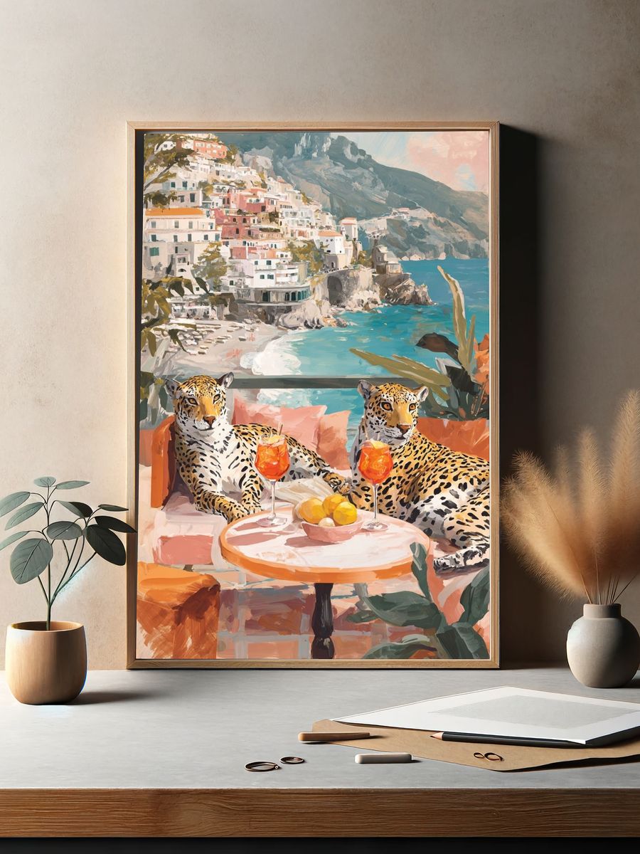Amalfi Leopards Coastal Surrealism Print. — room view 2