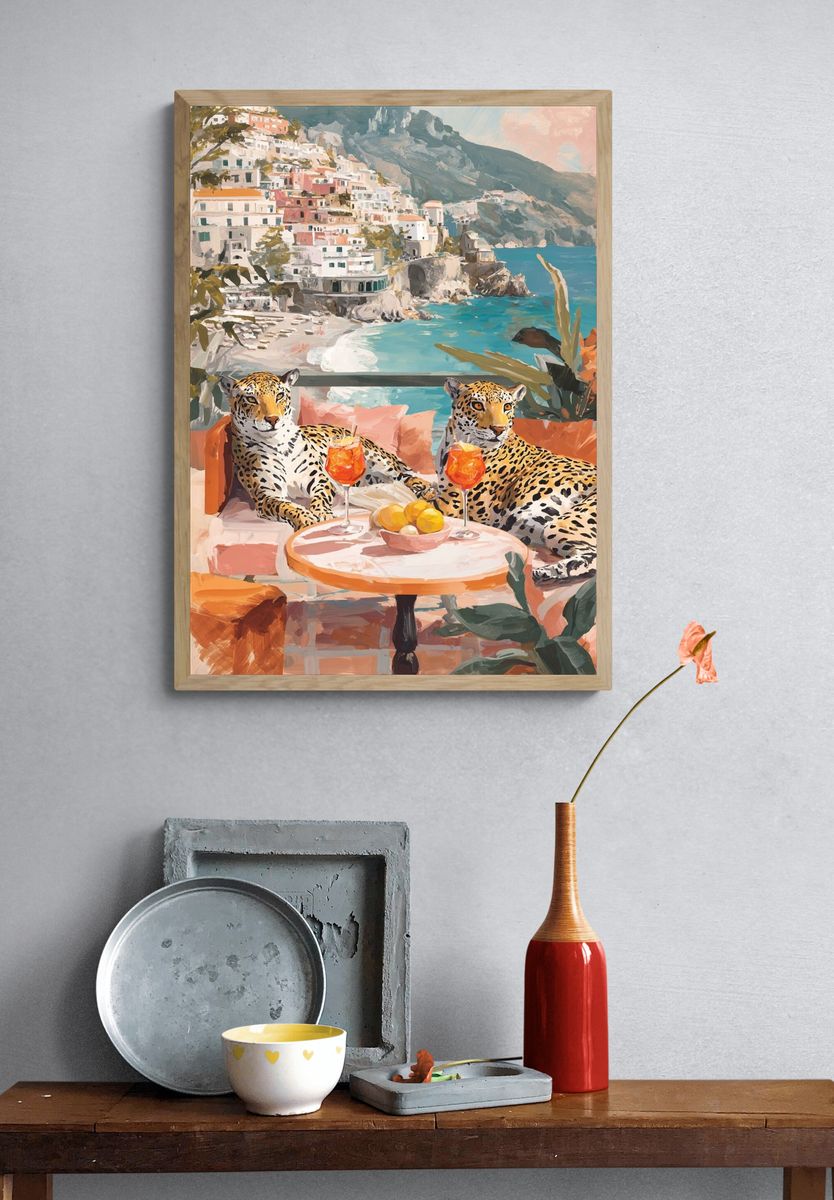 Amalfi Leopards Coastal Surrealism Print. — room view 3