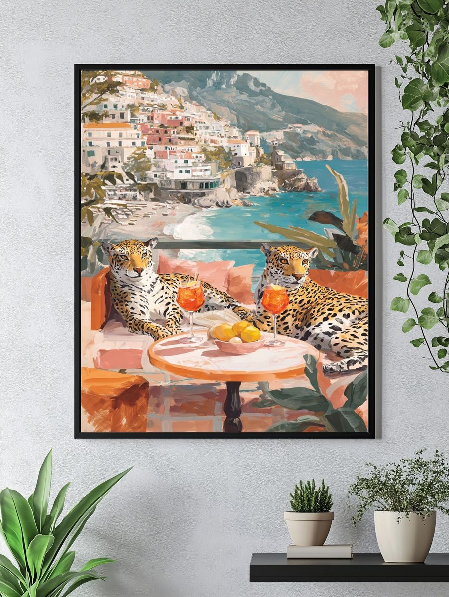 Amalfi Leopards Coastal Surrealism Print. — room view 4