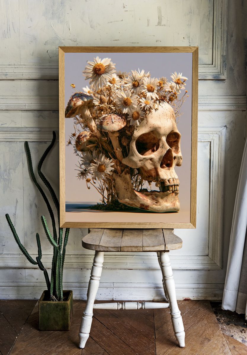 Floral Skull Surrealism Print. room preview