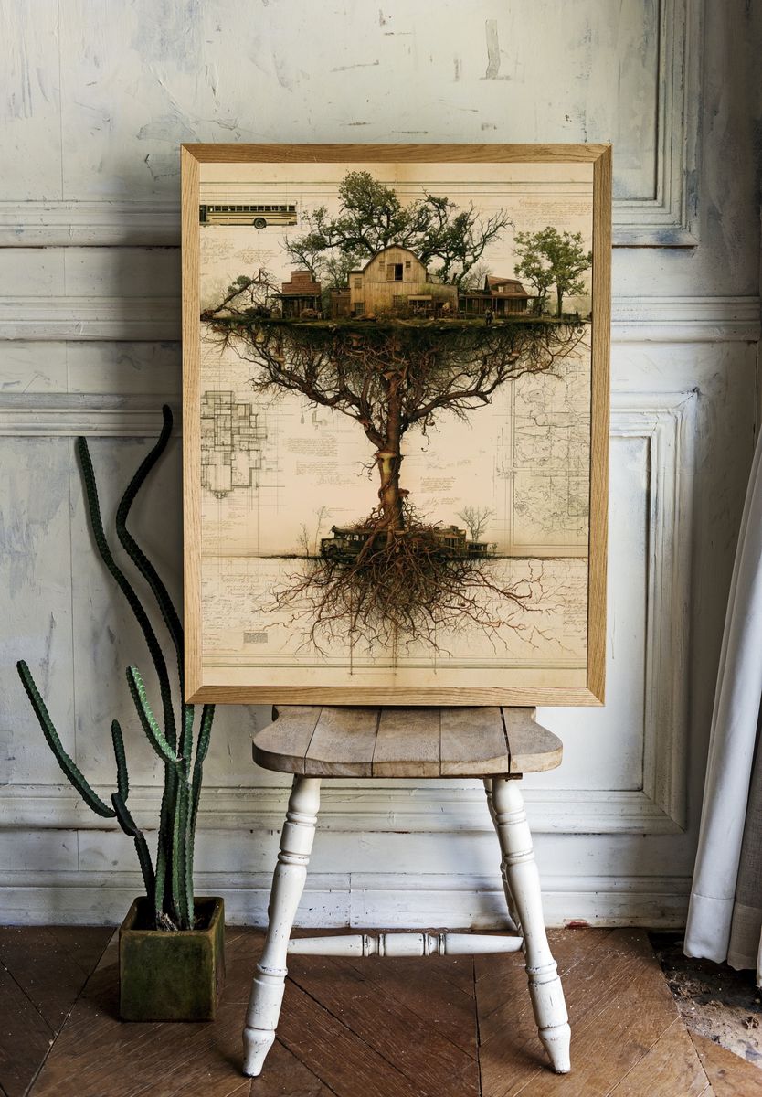 Surreal Tree House Landscape Print. room preview