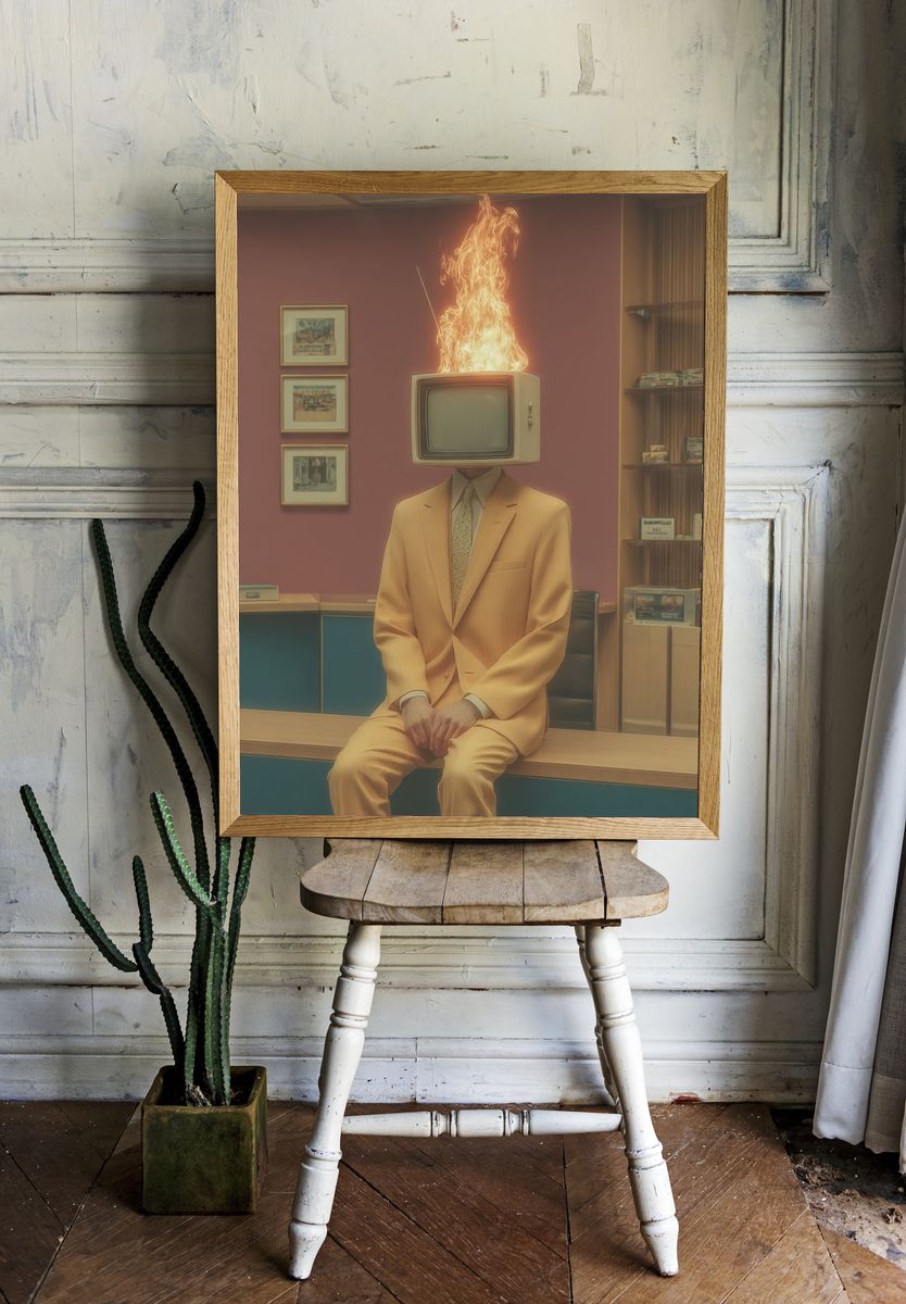 Burning TV Head Surrealism Poster. — room view 1