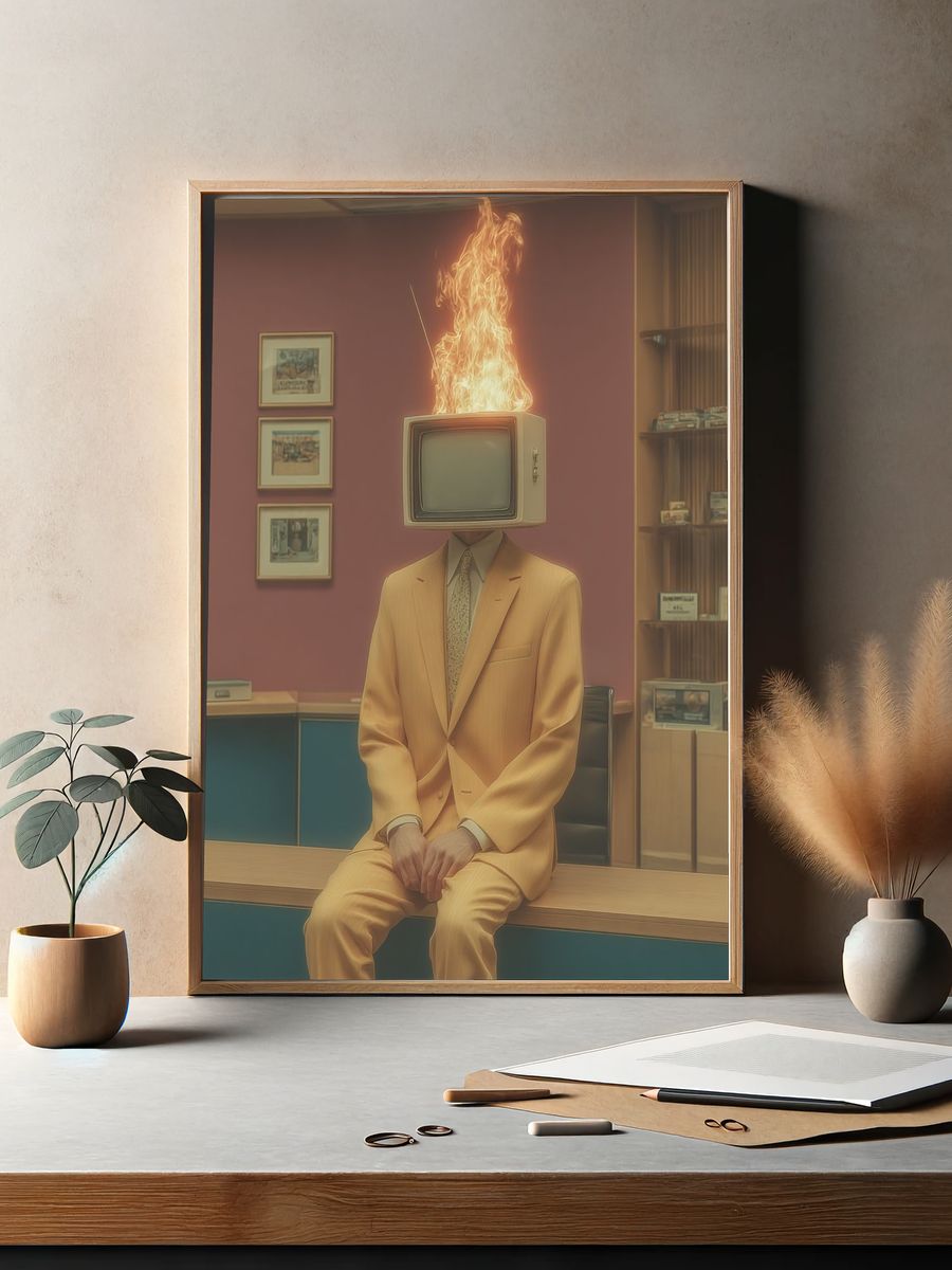 Burning TV Head Surrealism Poster. — room view 2