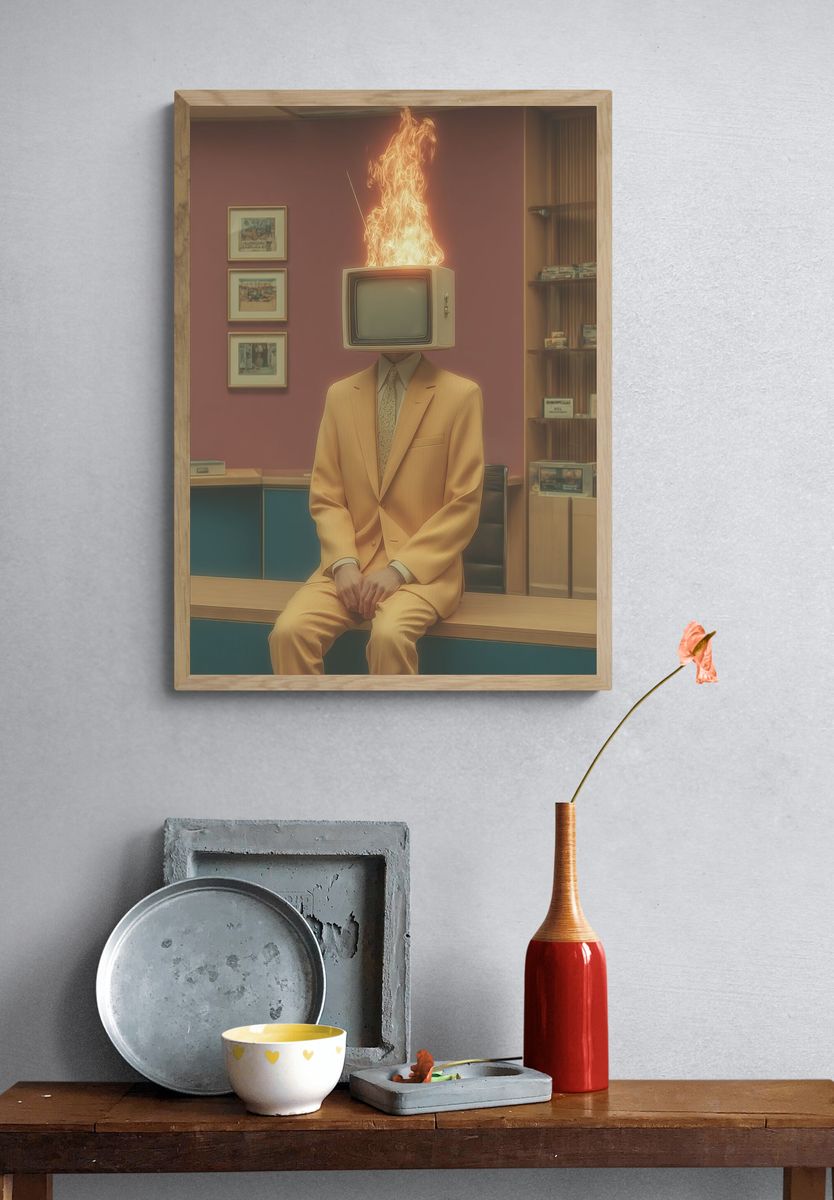 Burning TV Head Surrealism Poster. — room view 3