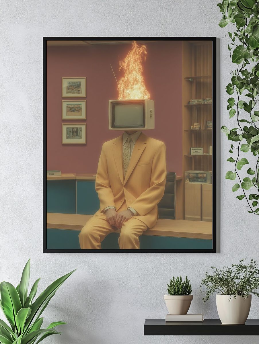 Burning TV Head Surrealism Poster. — room view 4