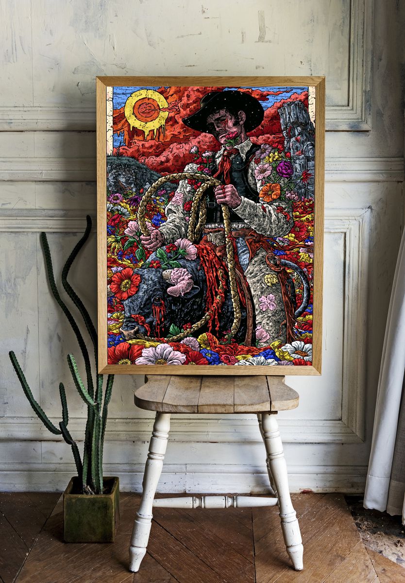 Floral Cowboy Surrealism Poster. — room view 1