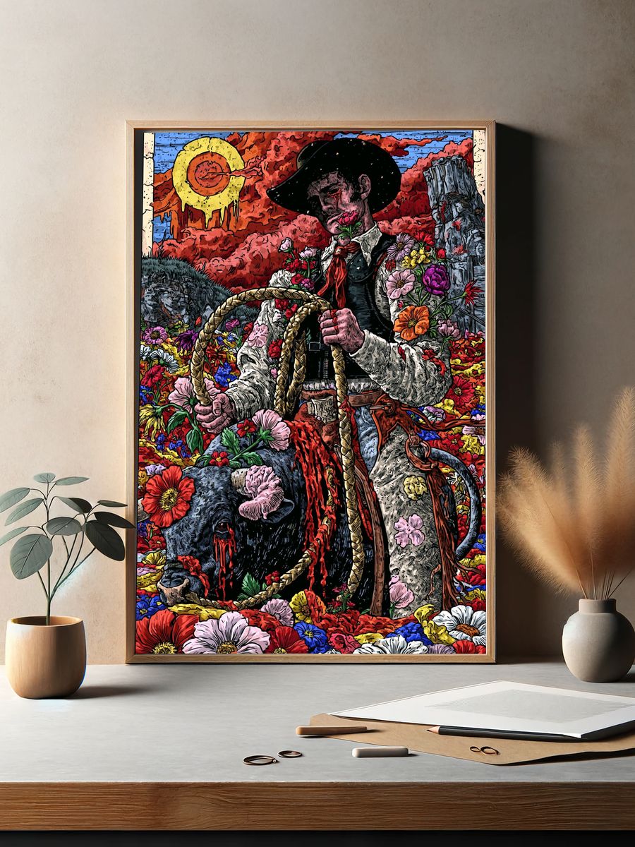 Floral Cowboy Surrealism Poster. — room view 2