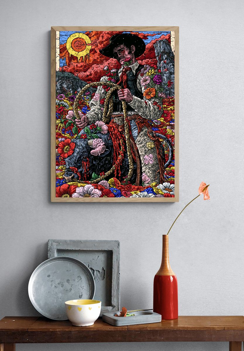 Floral Cowboy Surrealism Poster. — room view 3