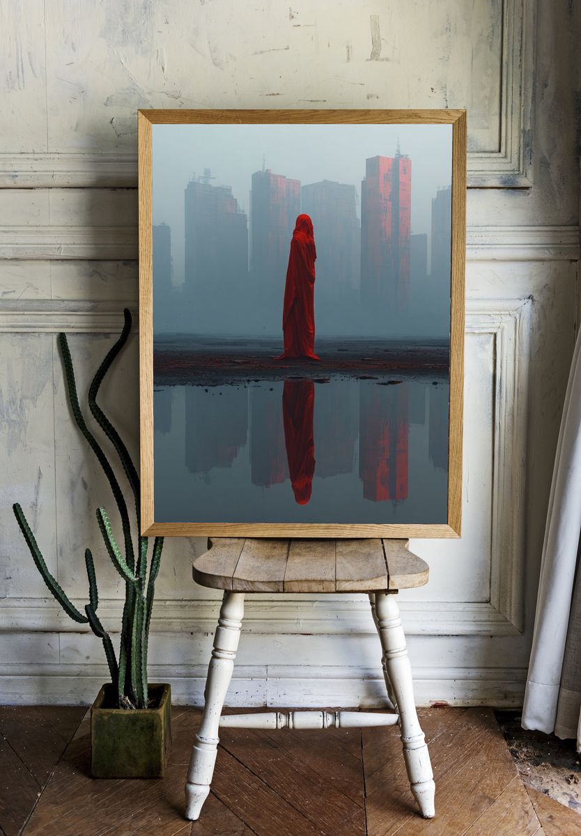 Red Cloaked Cityscape Surrealism Print. — room view 1