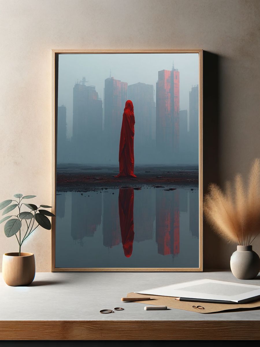 Red Cloaked Cityscape Surrealism Print. — room view 2