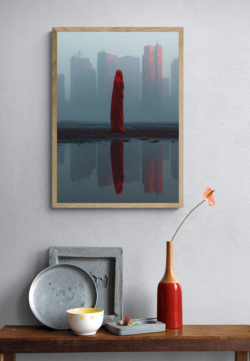 Red Cloaked Cityscape Surrealism Print. — room view 3