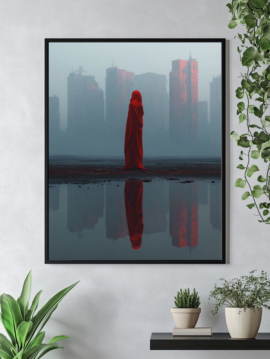 Red Cloaked Cityscape Surrealism Print. — room view 4