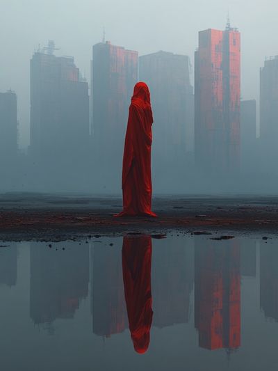 Red Cloaked Cityscape Surrealism Print. poster print
