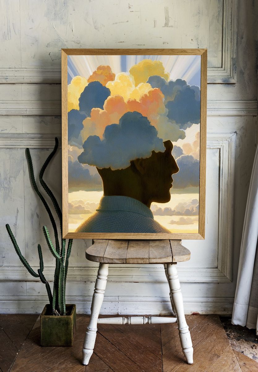 Cloud Head Silhouette Surrealism Print. room preview