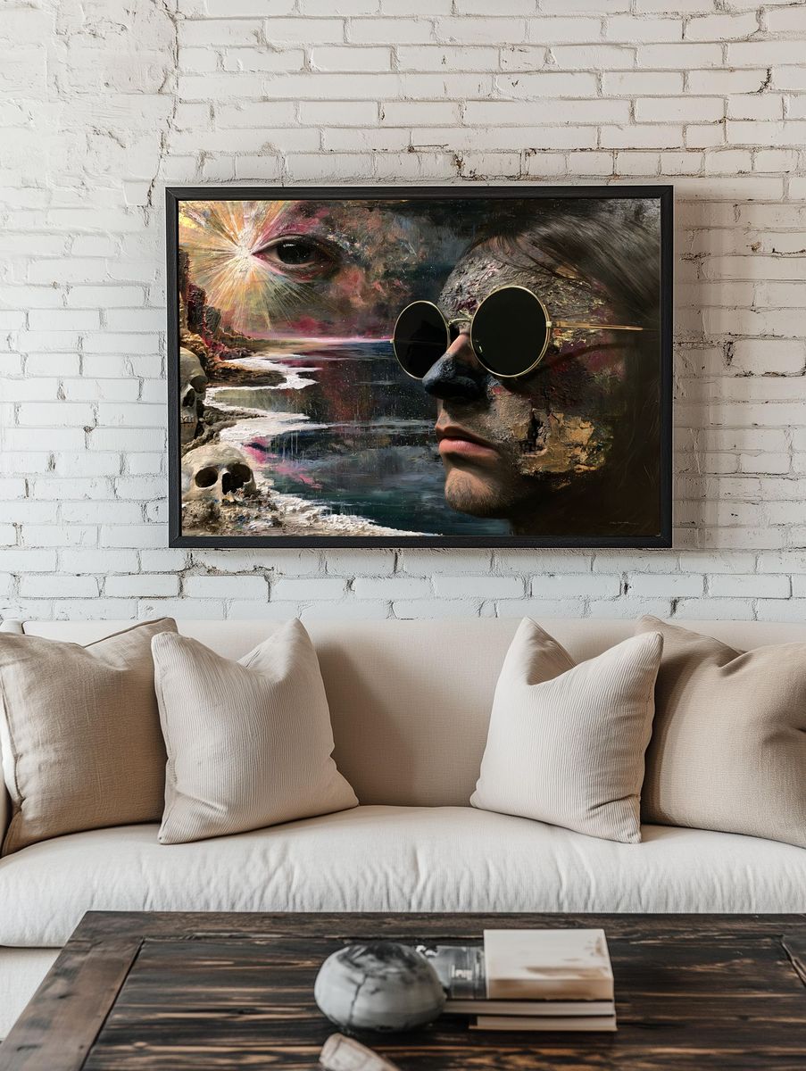 Surreal Face and Skull Print. room preview
