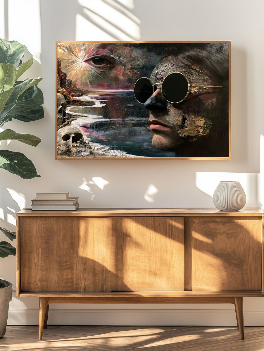 Surreal Face and Skull Print. — room view 3