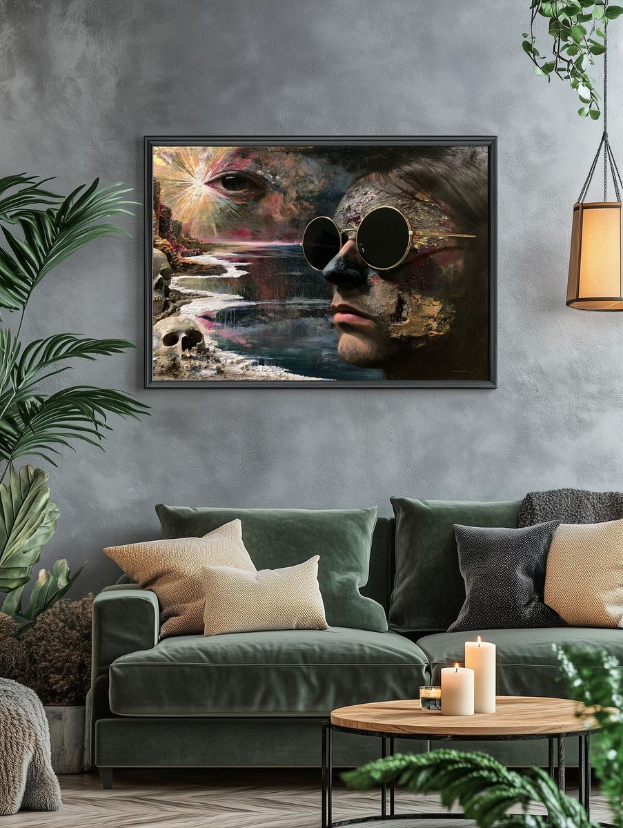 Surreal Face and Skull Print. — room view 4