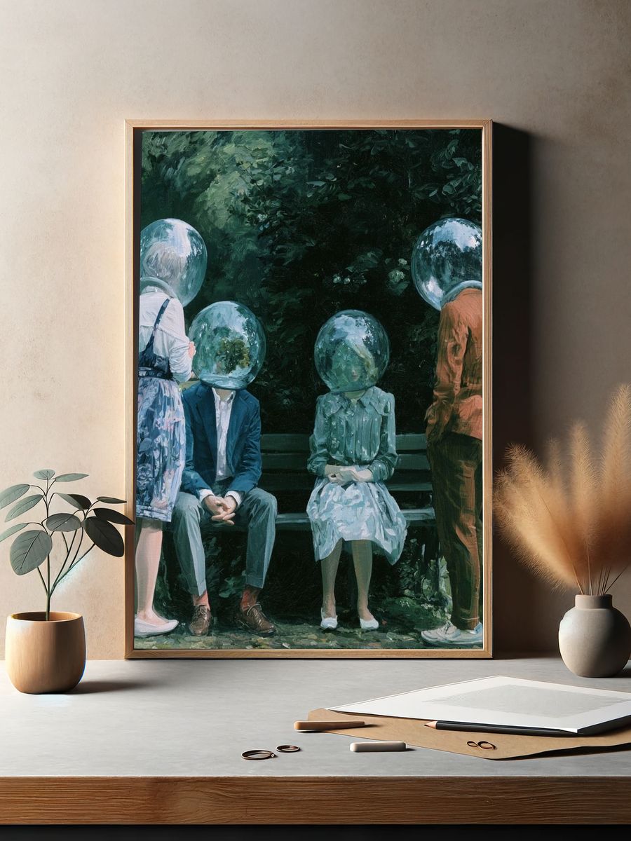 Surreal Glass Heads Illustration Poster. — room view 2