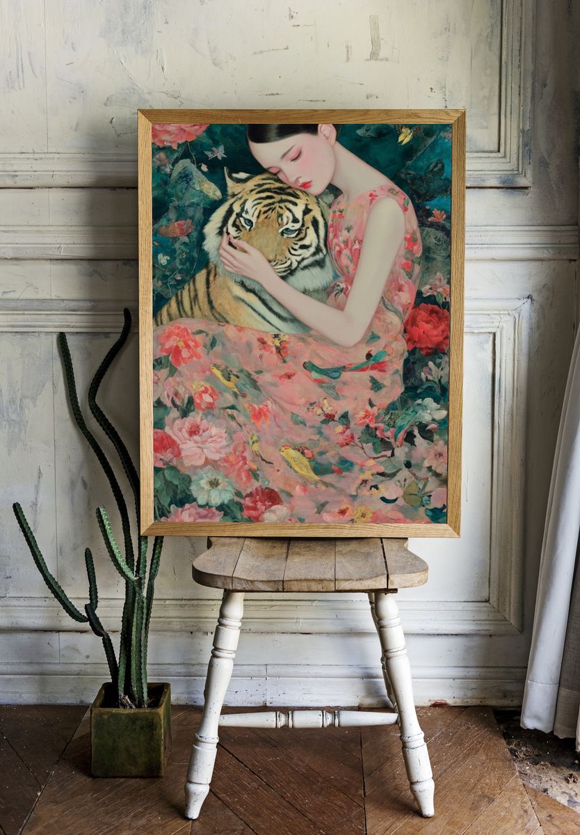 Girl and Tiger Surrealism Print. room preview