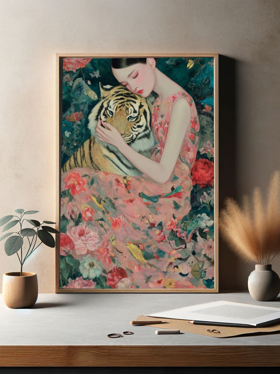 Girl and Tiger Surrealism Print. — room view 2