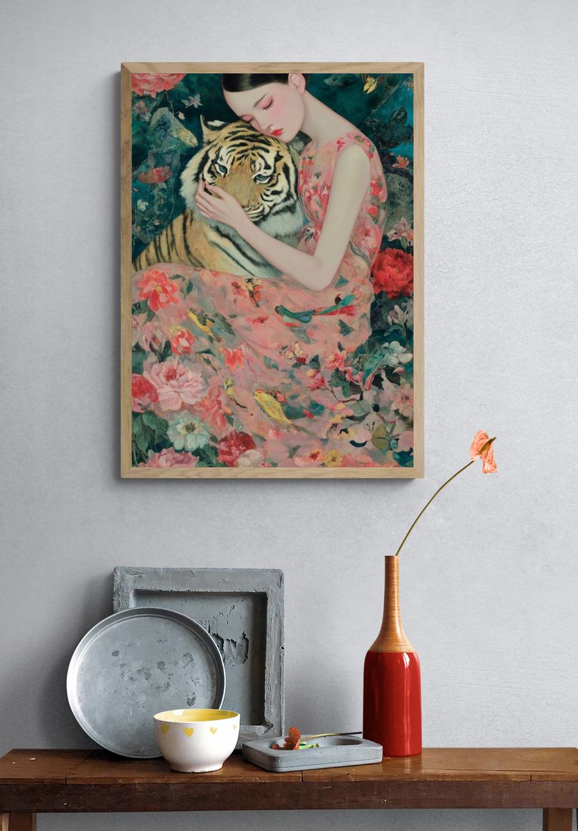 Girl and Tiger Surrealism Print. — room view 3