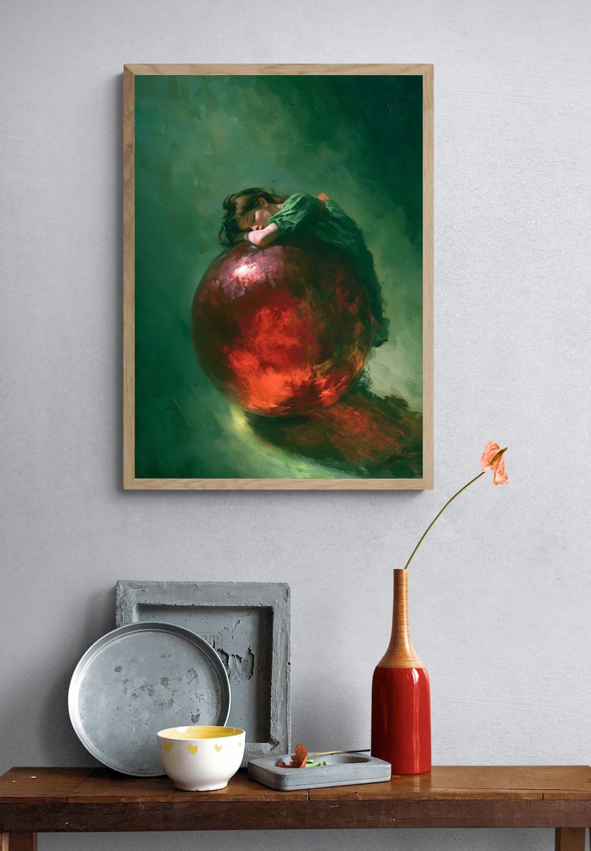 Dreaming Girl on Red Sphere Print. — room view 3