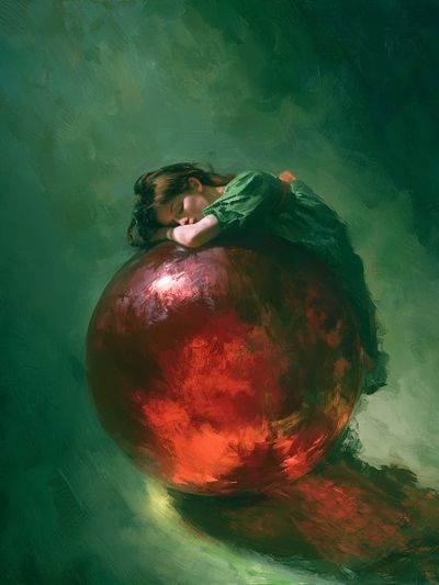 Dreaming Girl on Red Sphere Print. poster