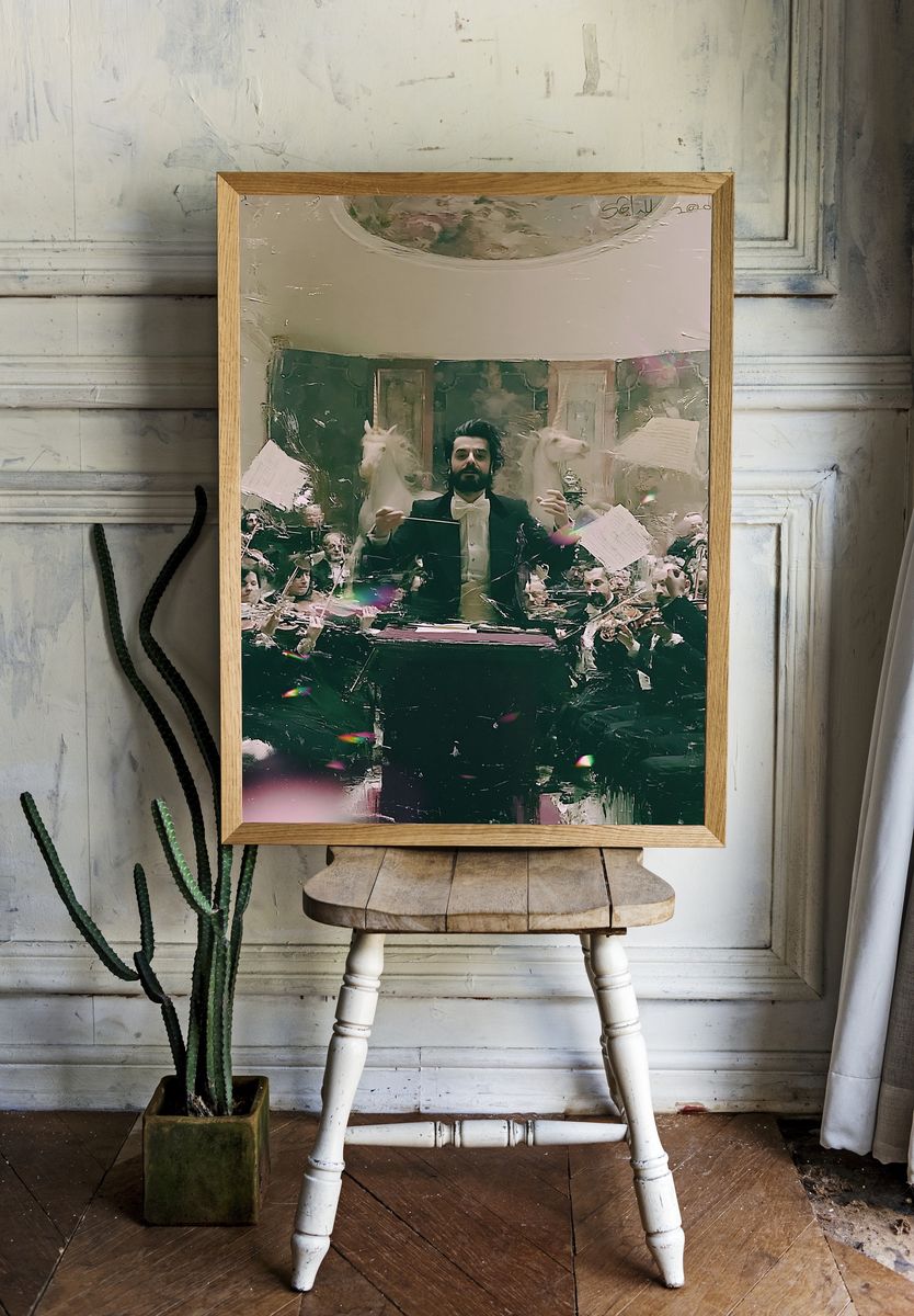 Conductor and Unicorns Surrealism Print. — room view 1
