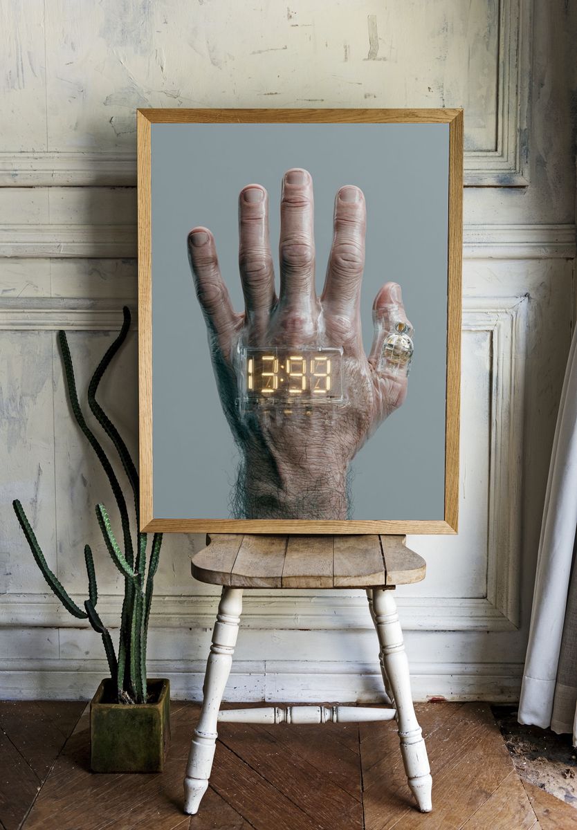 Digital Hand Clock Surrealism Print. — room view 1