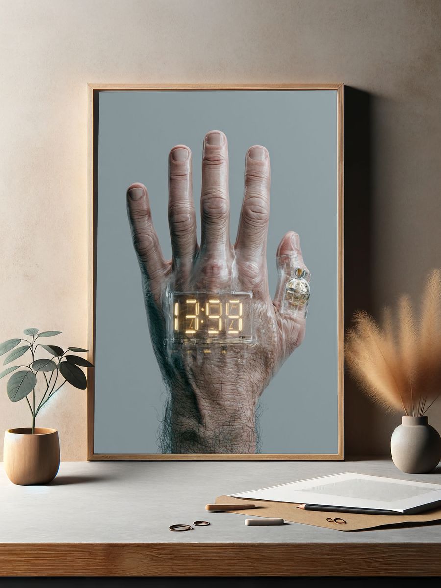 Digital Hand Clock Surrealism Print. — room view 2