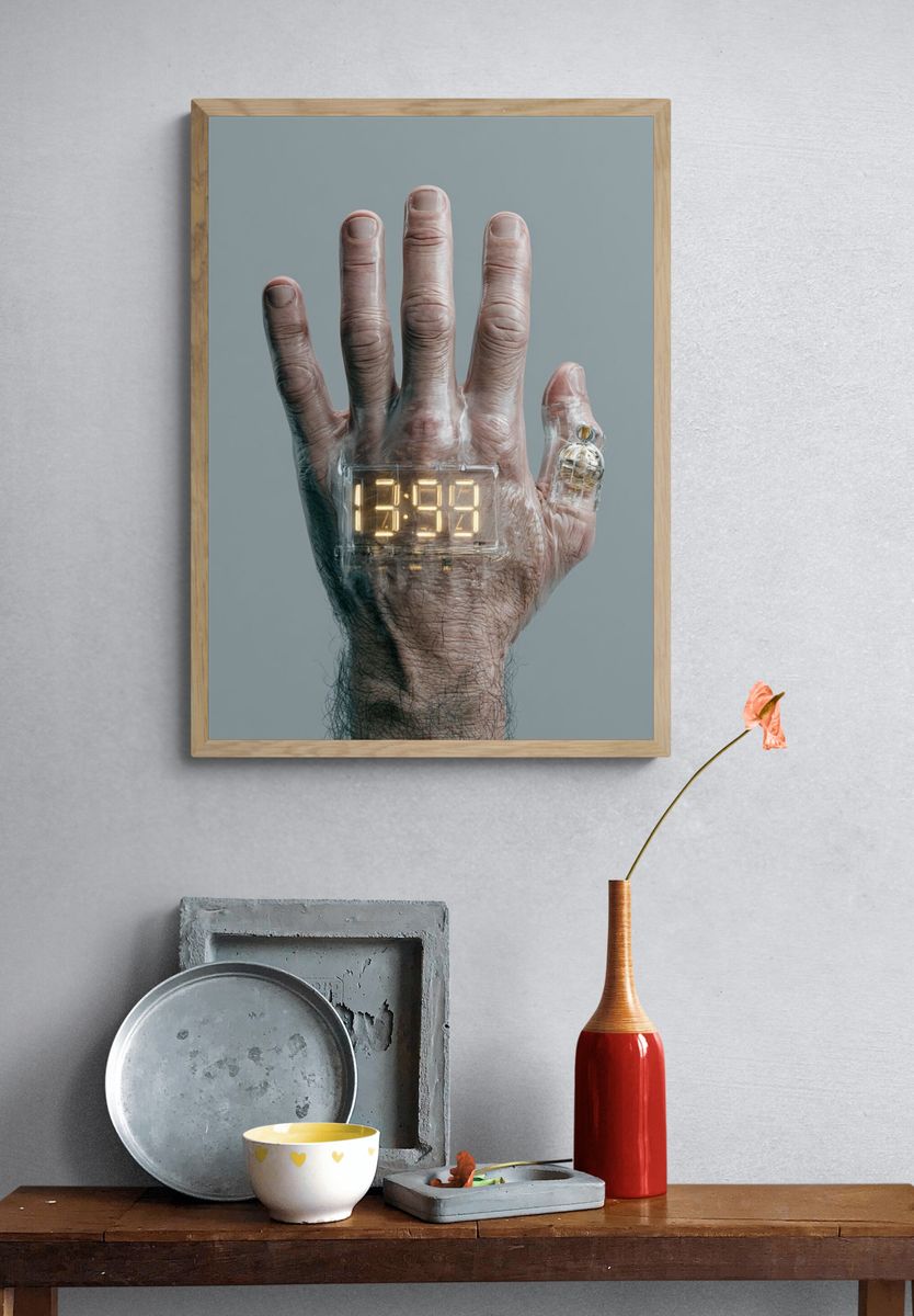 Digital Hand Clock Surrealism Print. — room view 3