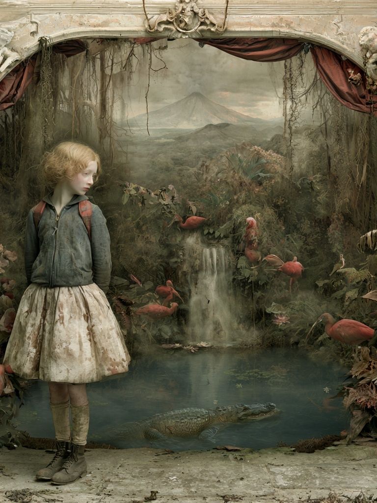 Surreal Girl in Jungle Print. poster detail