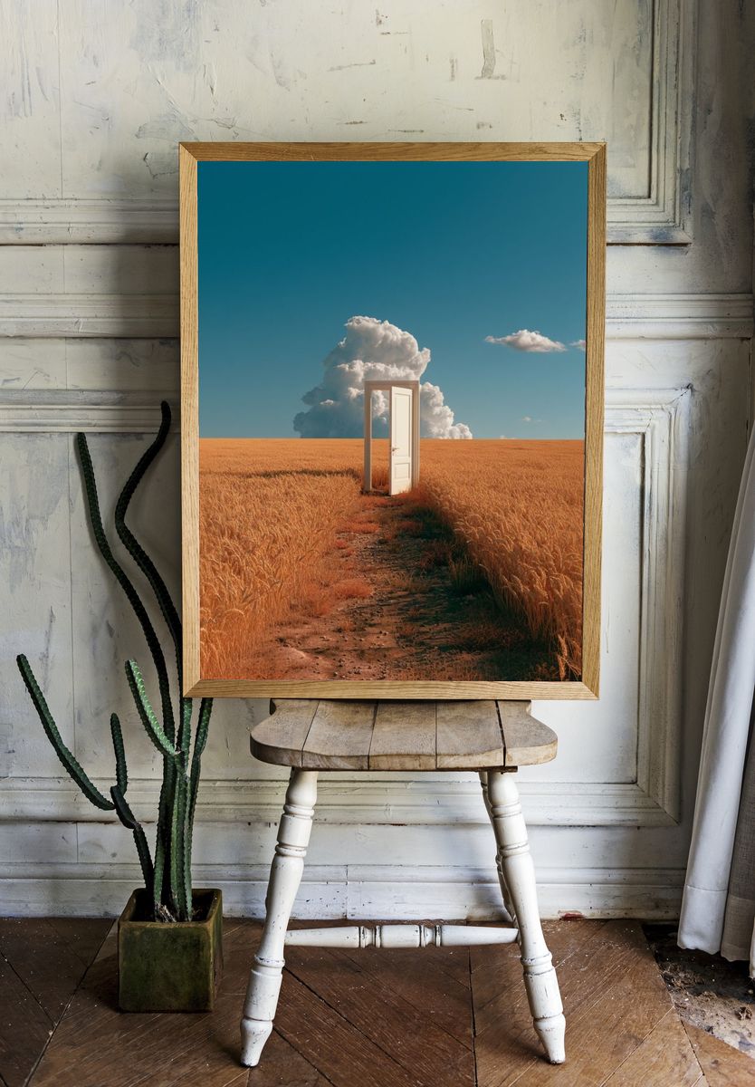Surreal Door in Wheat Field Print. room preview