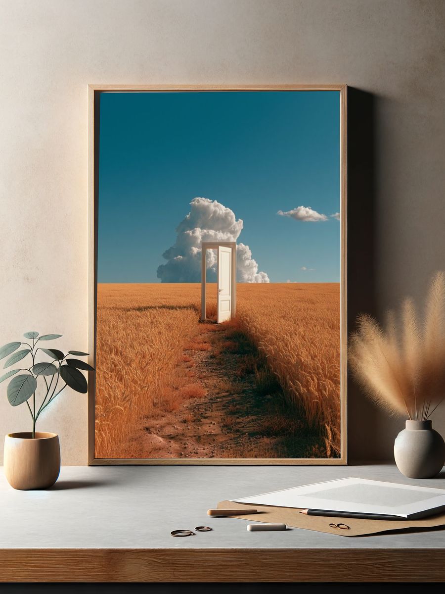 Surreal Door in Wheat Field Print. — room view 2