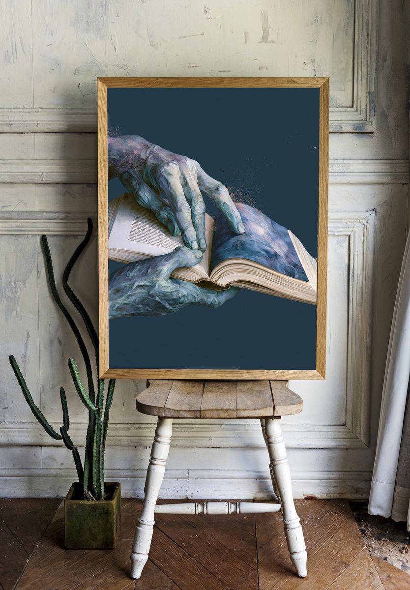 Surreal Hands and Book Print. room preview