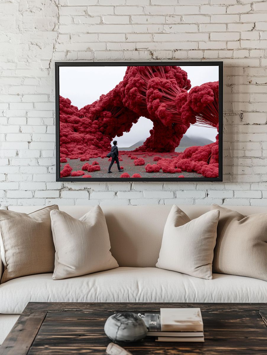 Surreal Crimson Landscape Print. room preview