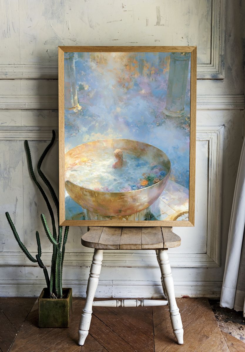 Dreamy Bathhouse Surrealism Print. room preview